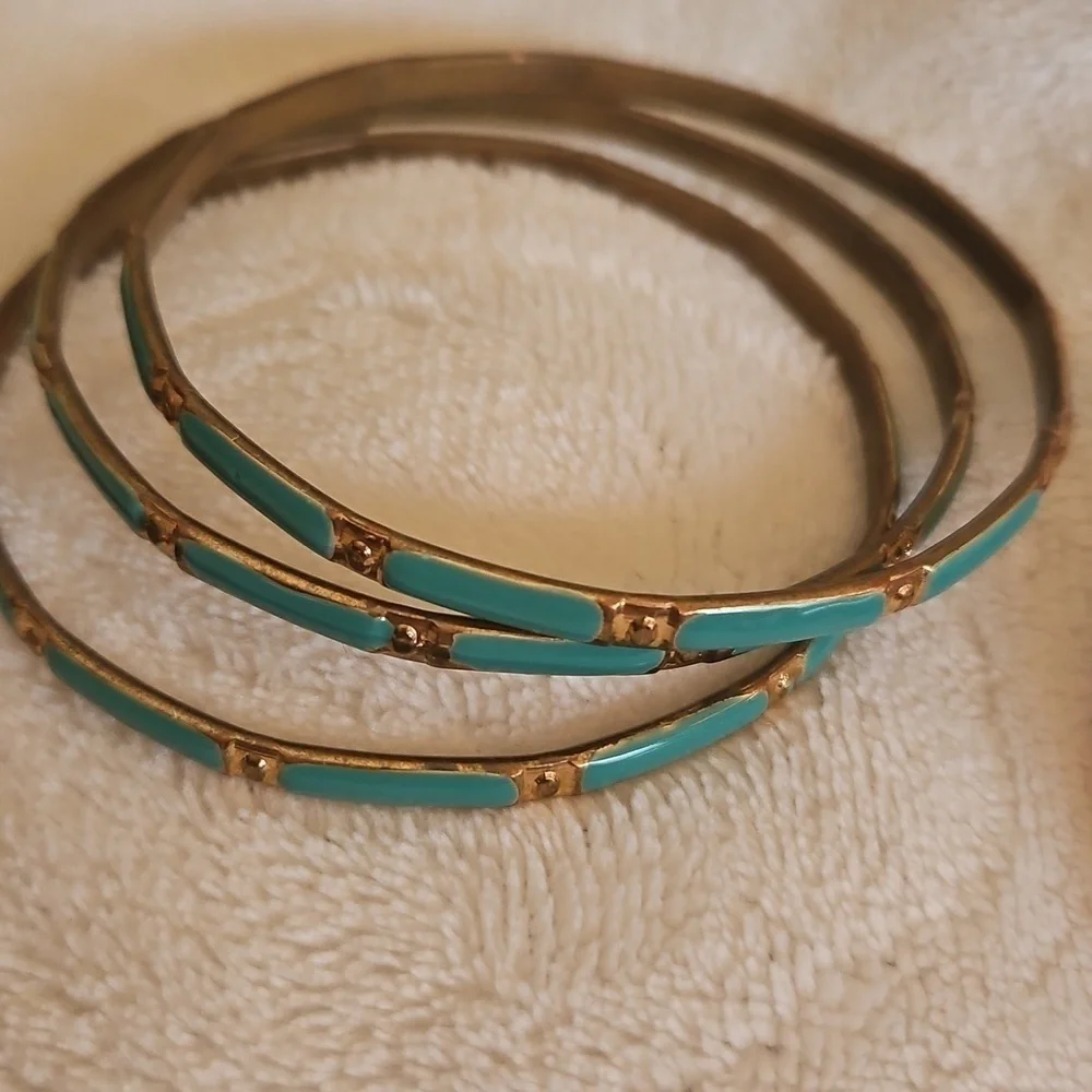 Vintage Set of Six Pink Green and Goldtone Brass Bangle Bracelets